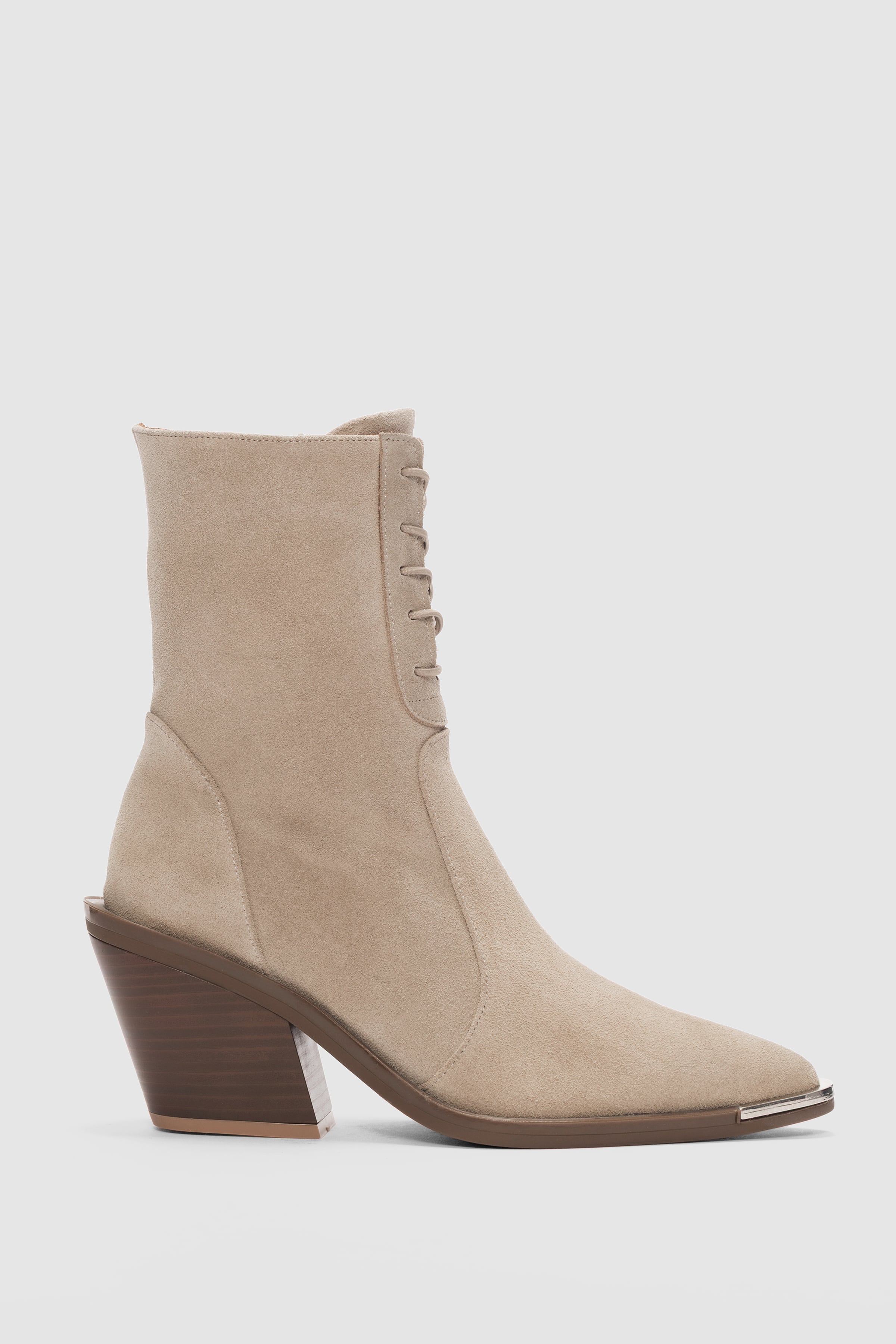 Novira Hakiki Deri Bağcıklı ve Yandan Fermuarlı Sivri Burun Kadın Bot- BEJ SÜET