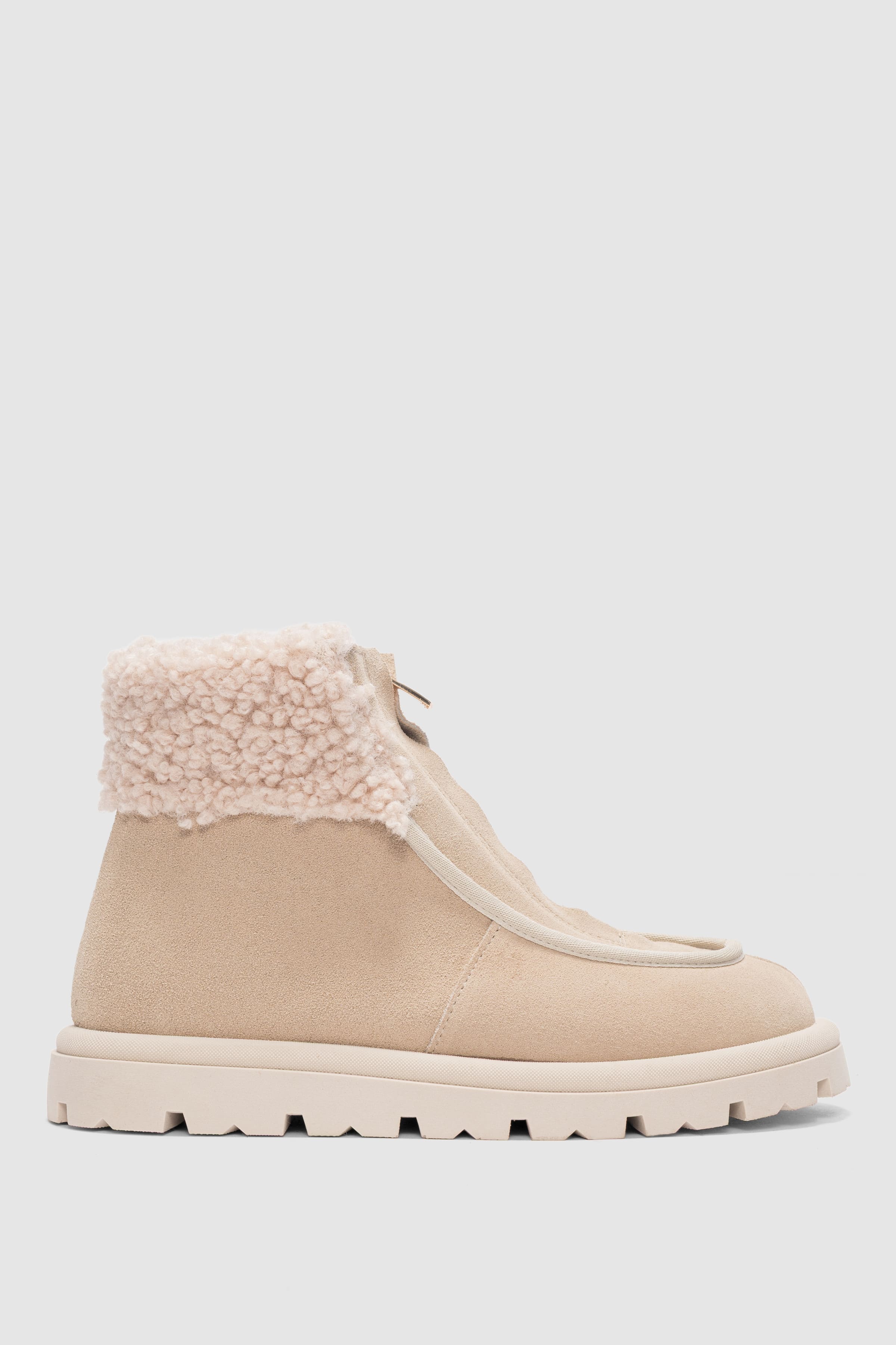 Bruve Ön Fermuar Detaylı Kürklü Hakiki Deri Süet Kadın Bot-EKRU