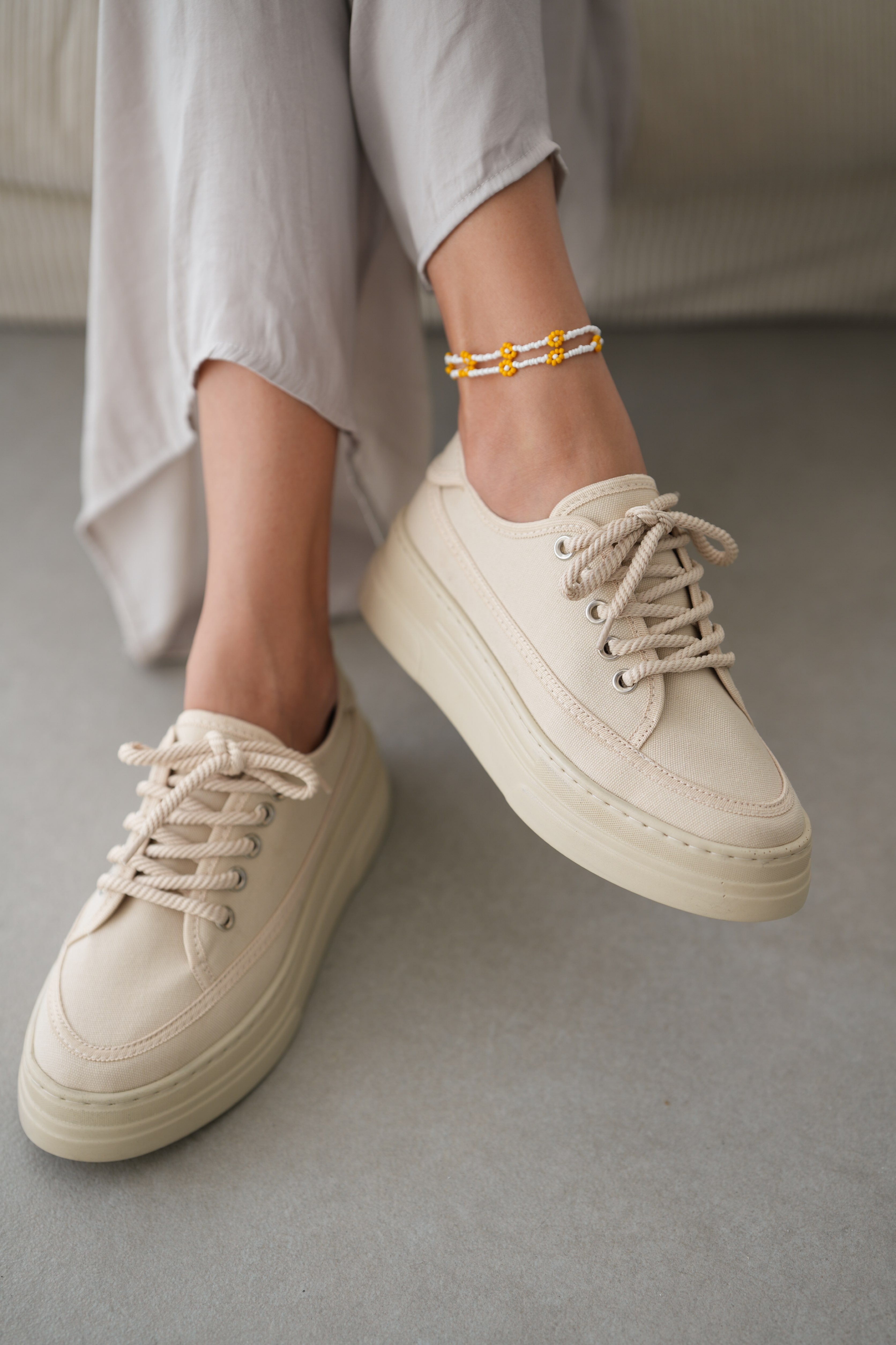 Peint Yüksek Tabanlı Bağcıklı Sneaker- BEJ