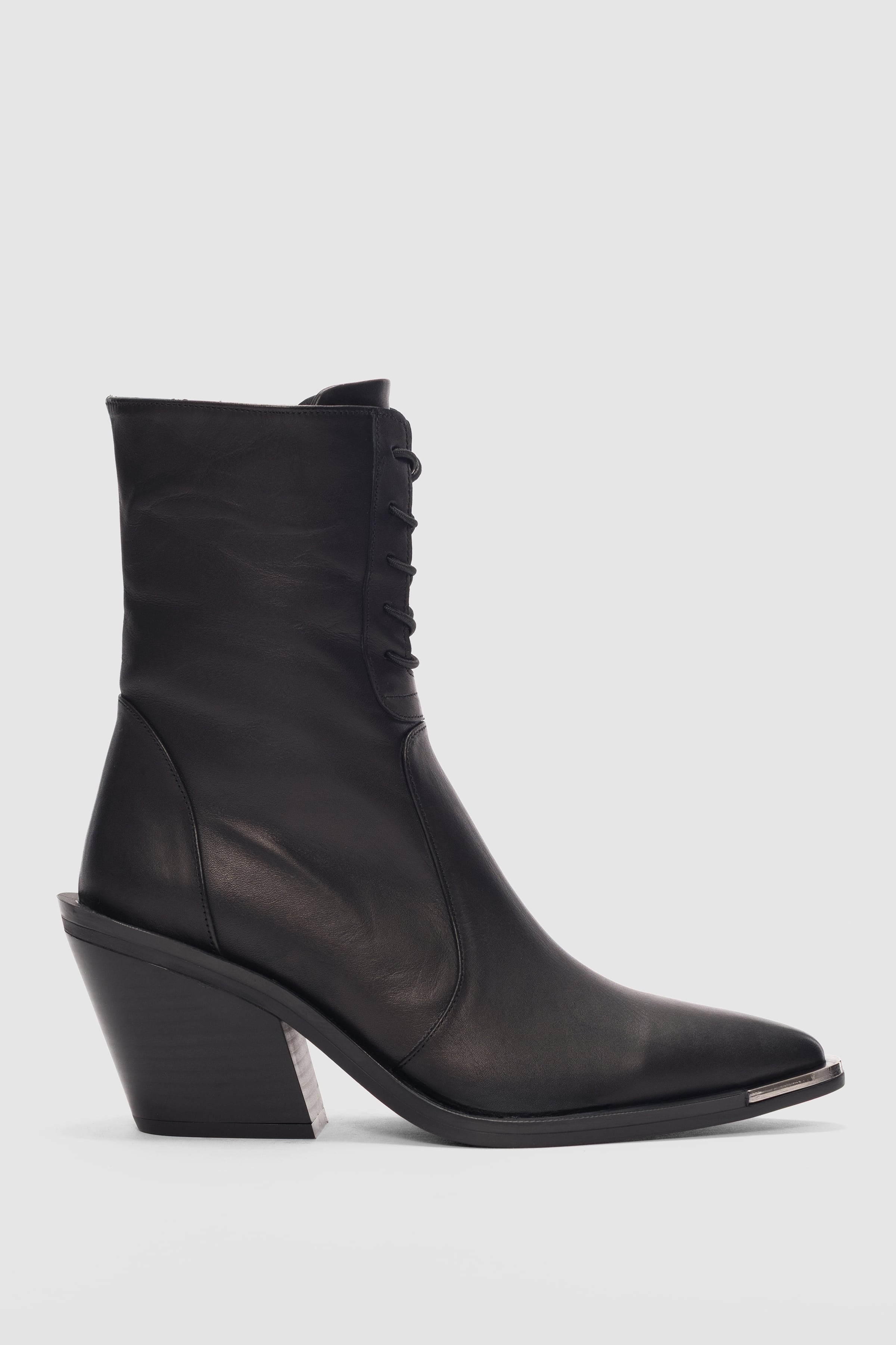 Novira Hakiki Deri Bağcıklı ve Yandan Fermuarlı Sivri Burun Kadın Bot- SİYAH