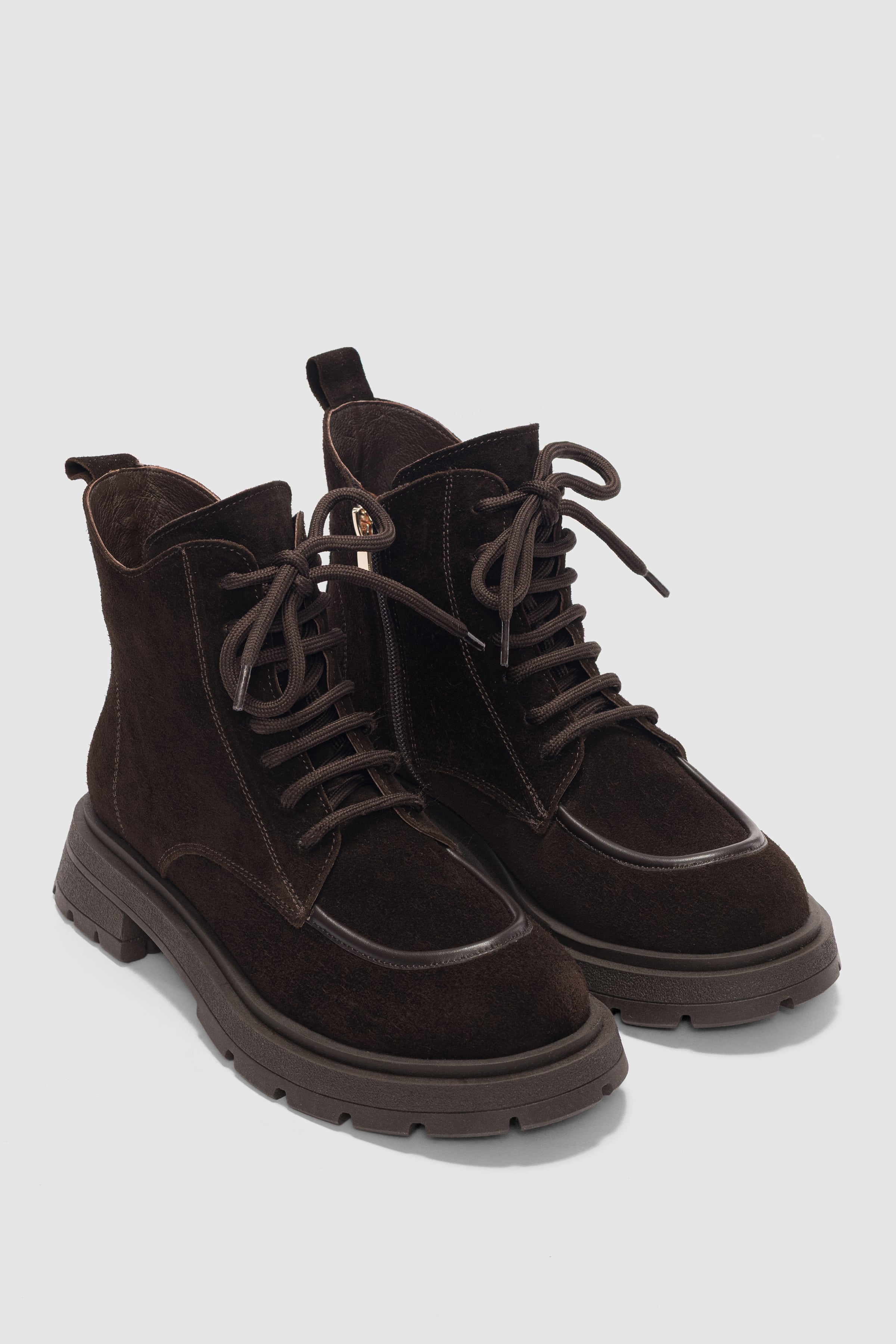 Nivora Hakiki Deri Bağcıklı ve Yandan Fermuarlı Kadın Bot- KAHVE SÜET