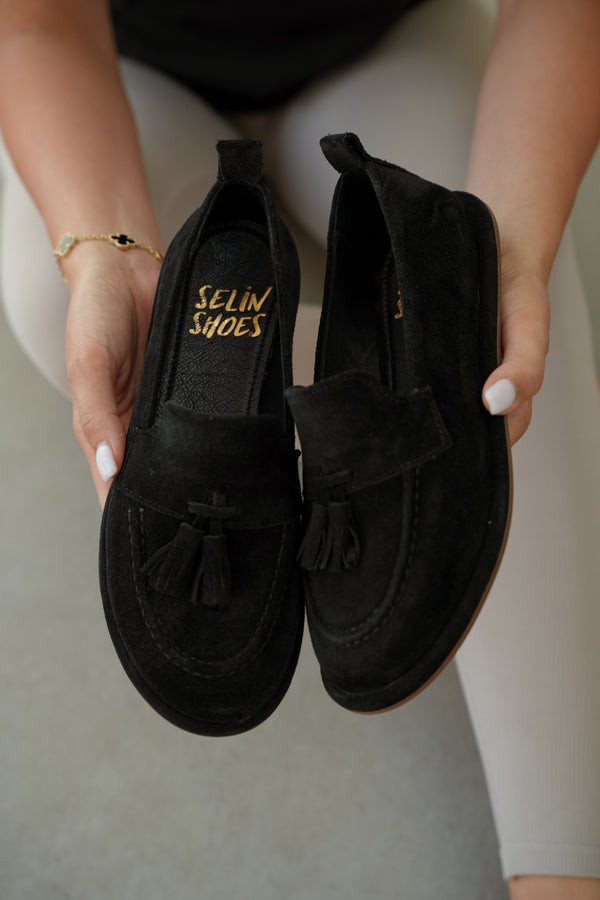 Belluno Hakiki Deri Püsküllü Kadın Loafer- SİYAH SÜET