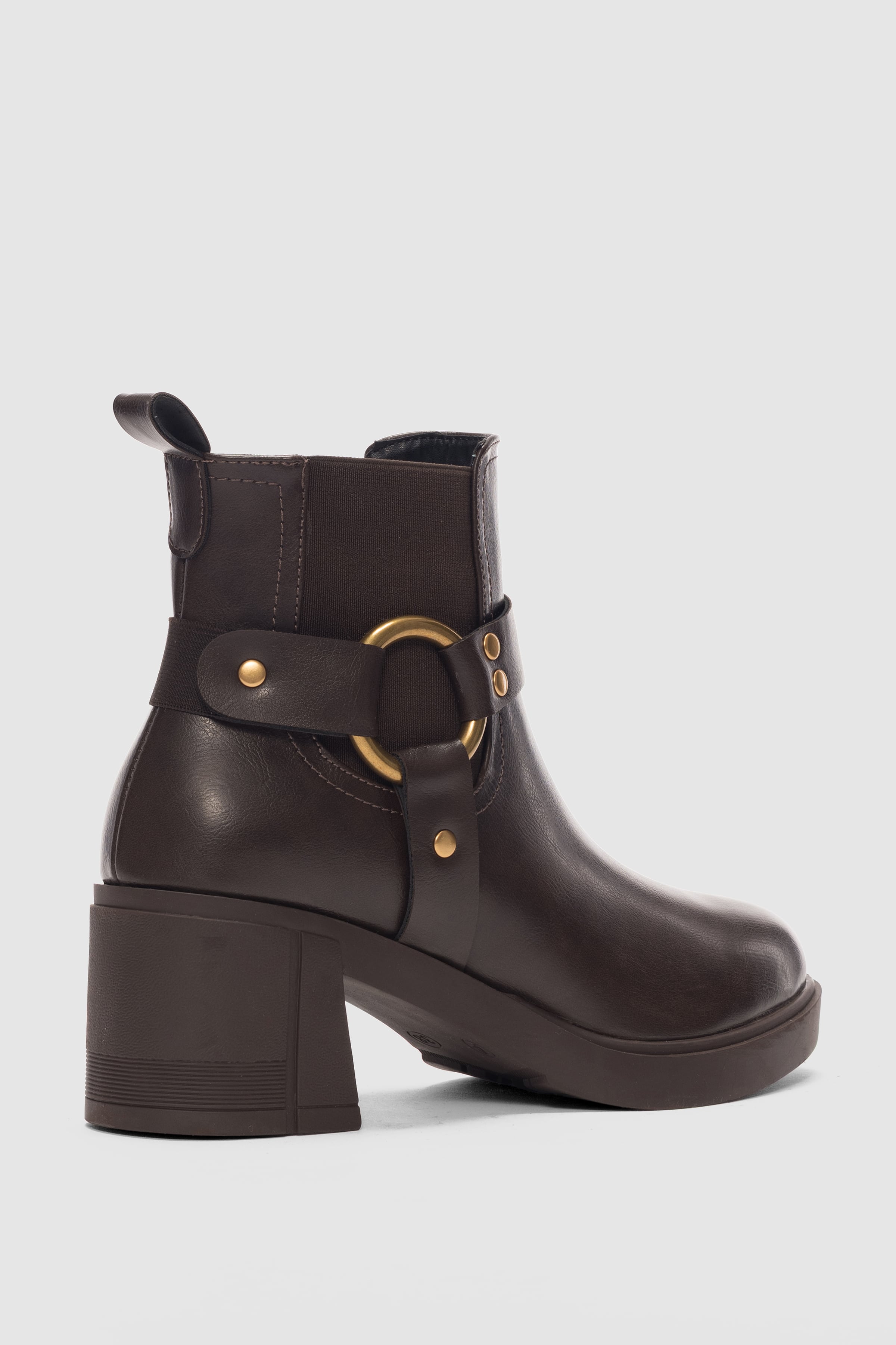 Gras Kalın Taban Yan Yuvarlak Toka Detaylı Kadın Bot-KAHVERENGİ