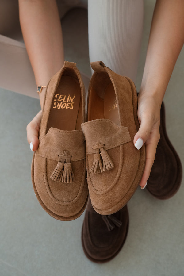 Belluno Hakiki Deri Püsküllü Kadın Loafer- TABA SÜET