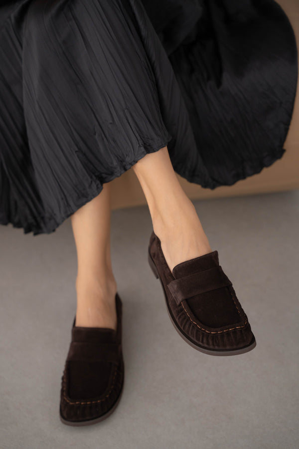 Blaine Hakiki Deri Büzgülü Küt Burun Kadın Loafer- KAHVE SÜET