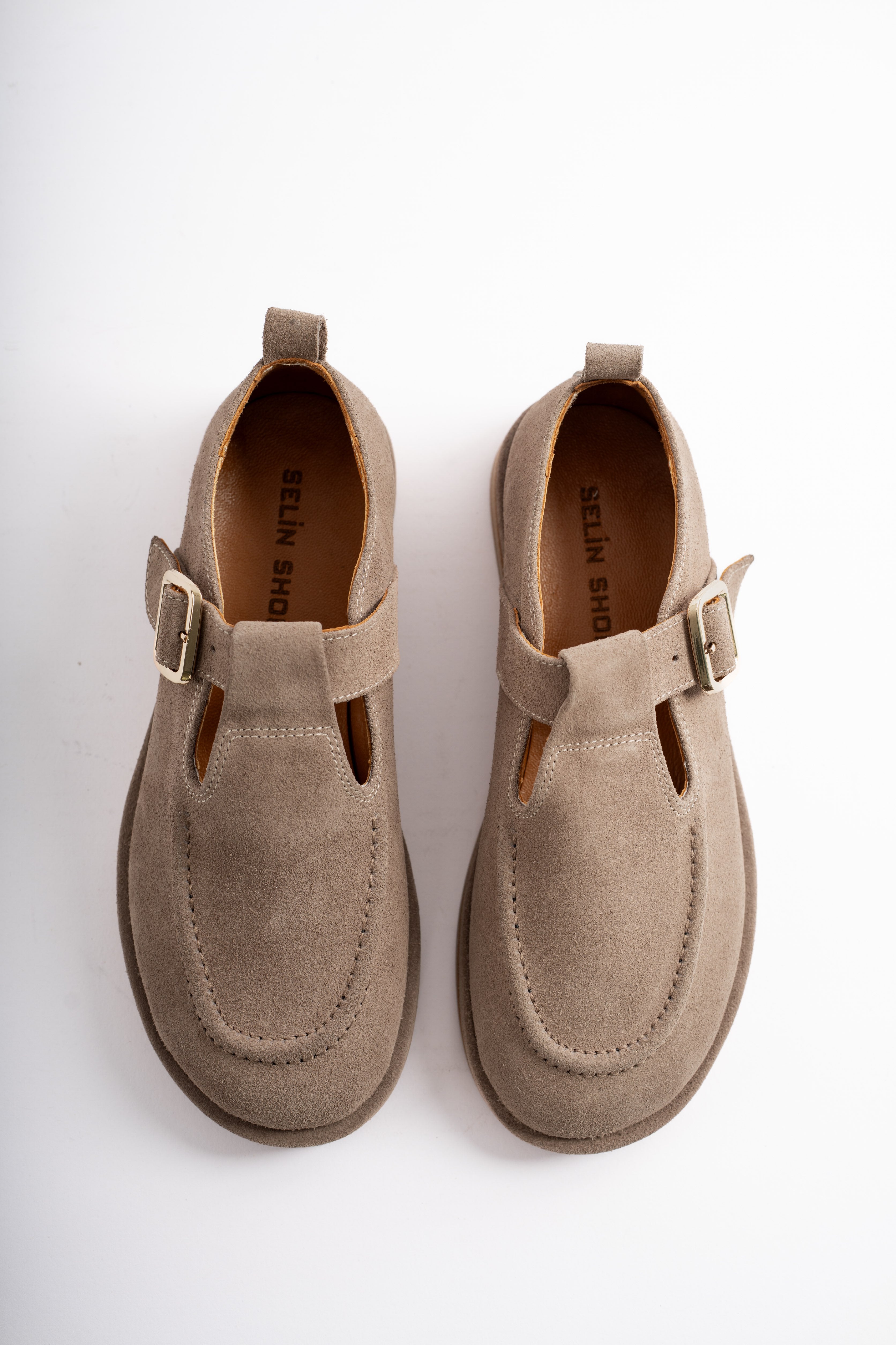 Cassiel Hakiki Deri Gold Ayarlanabilir Toka Detaylı Kadın Loafer- VİZON SÜET