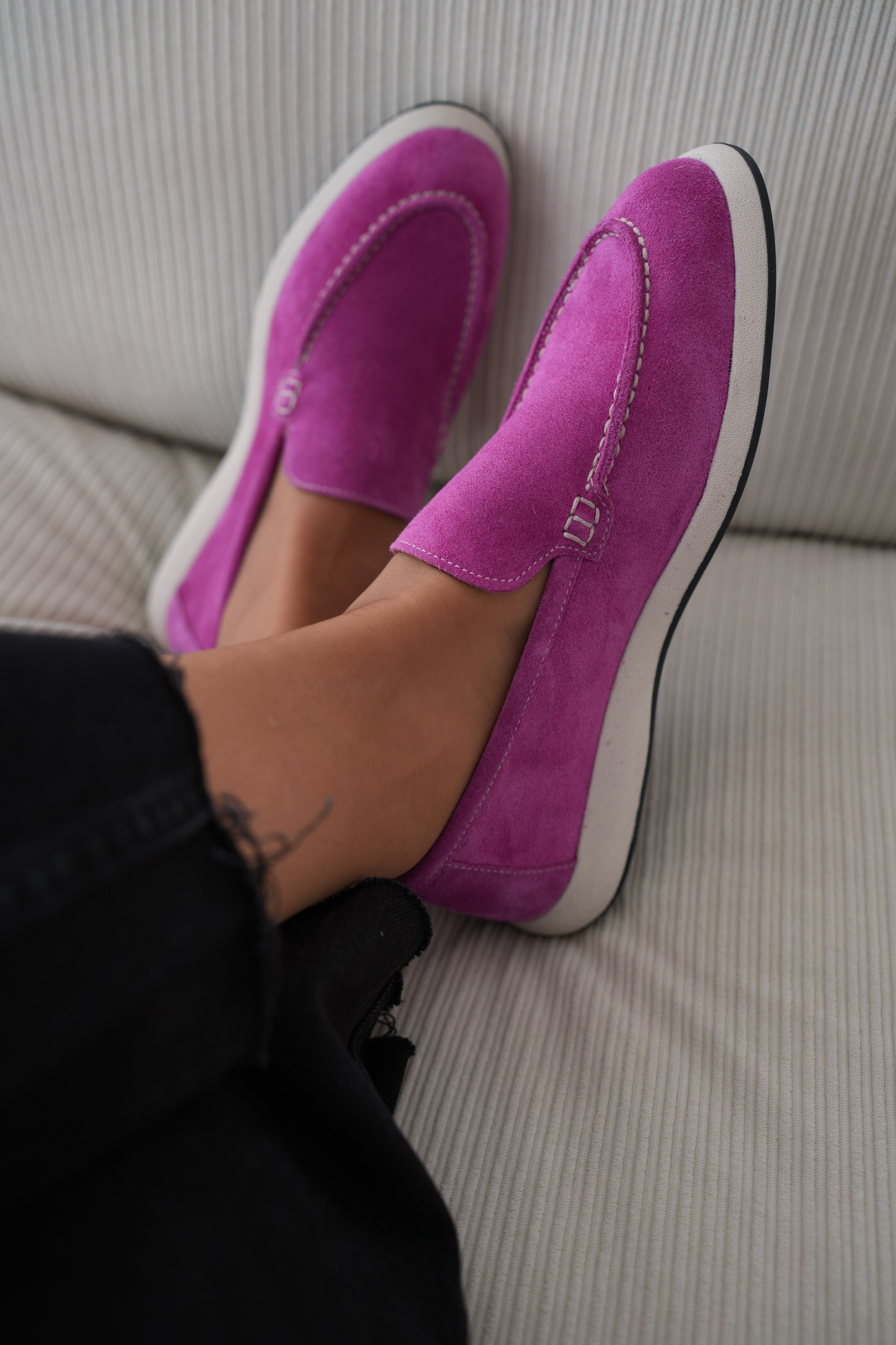 Felina Hakiki Süet Düz Tabanlı Kadın Loafer- FUŞYA