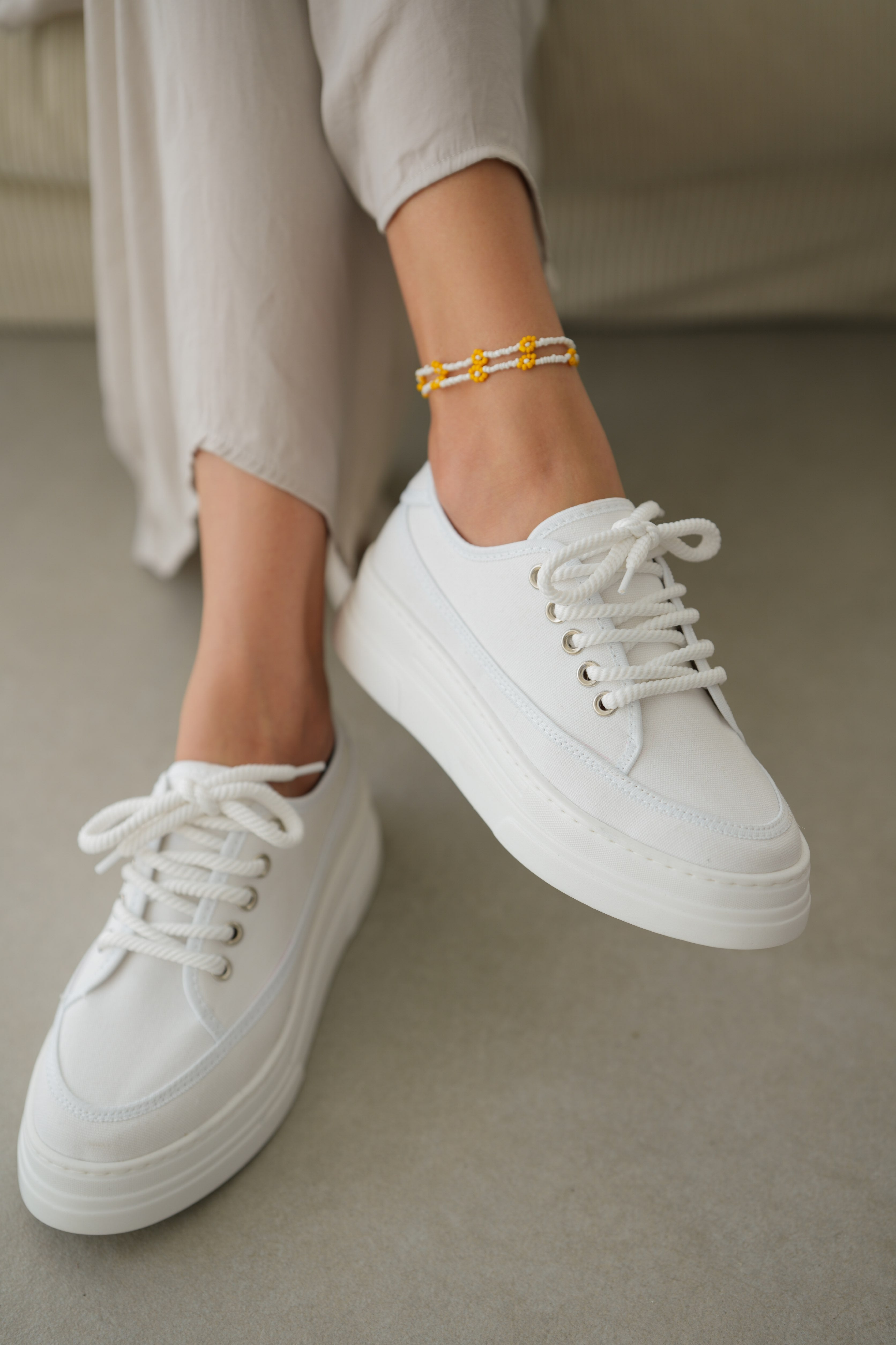Peint Yüksek Tabanlı Bağcıklı Sneaker- BEYAZ
