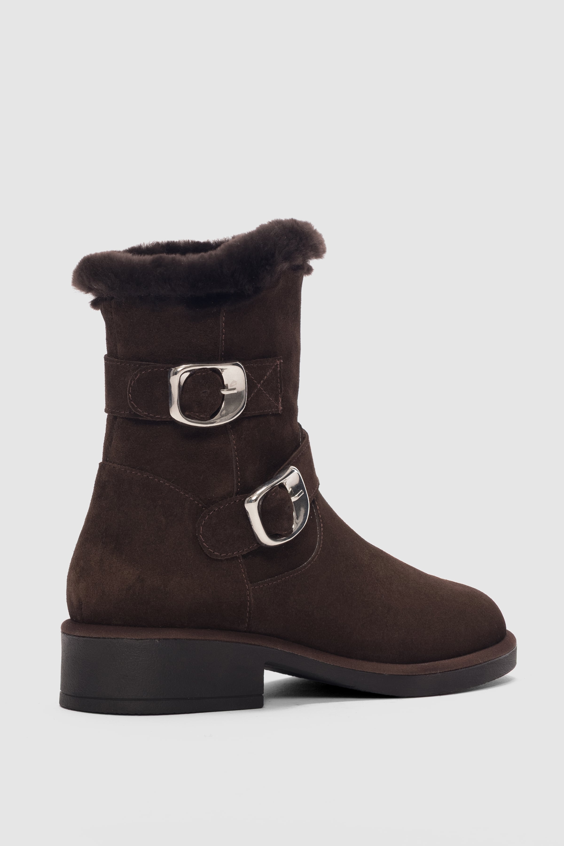 Mavira Hakiki Deri Ayarlanabilir Toka Detaylı ve Yandan Fermuarlı Küt Burun Kadın Bot- KAHVE SÜET