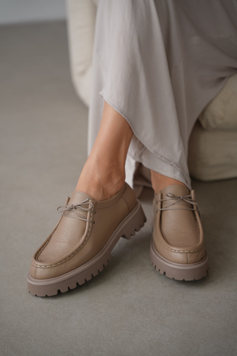 Orsel Hakiki Deri Bağcıklı Kadın Loafer- VİZON