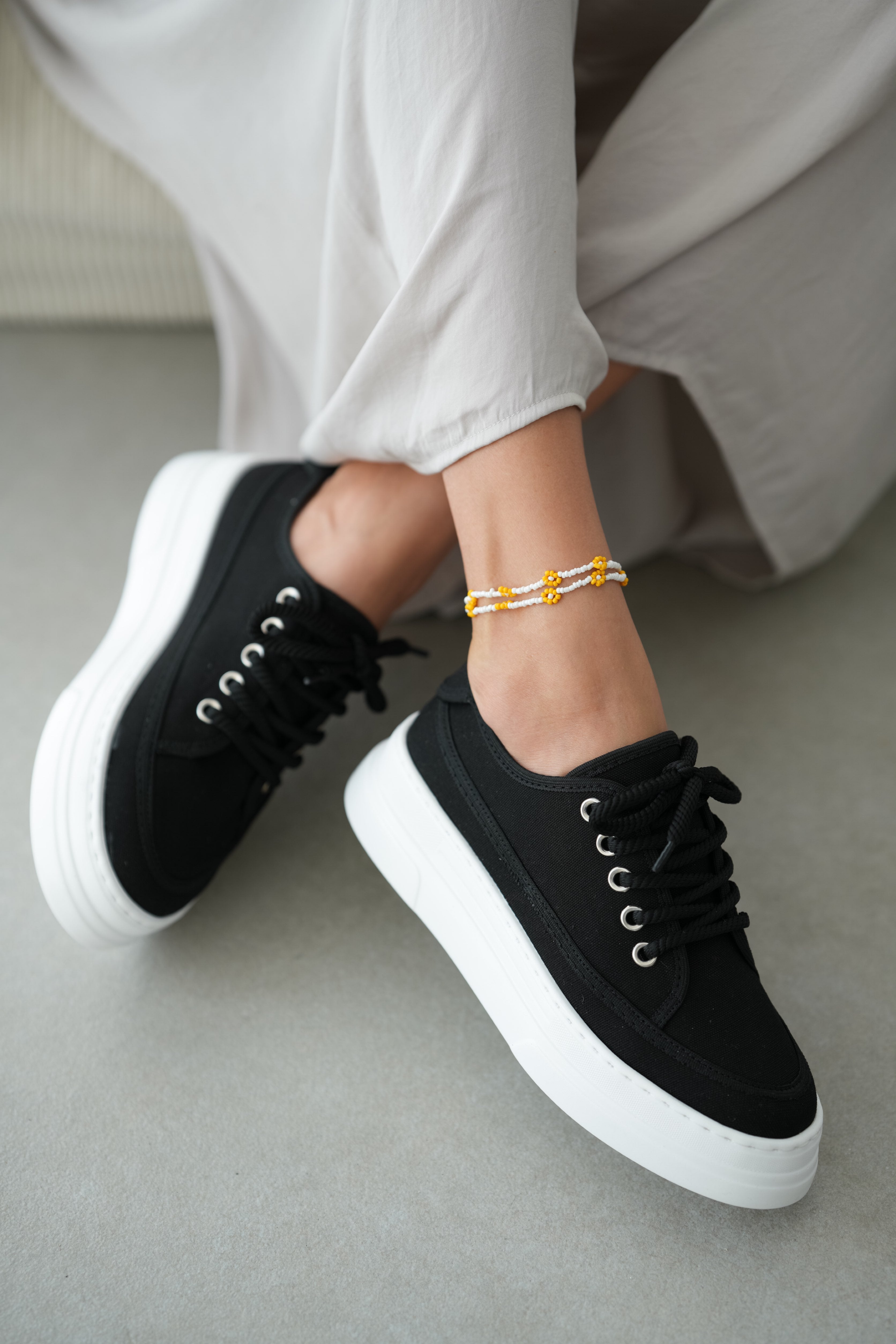 Peint Yüksek Tabanlı Bağcıklı Sneaker- SİYAH
