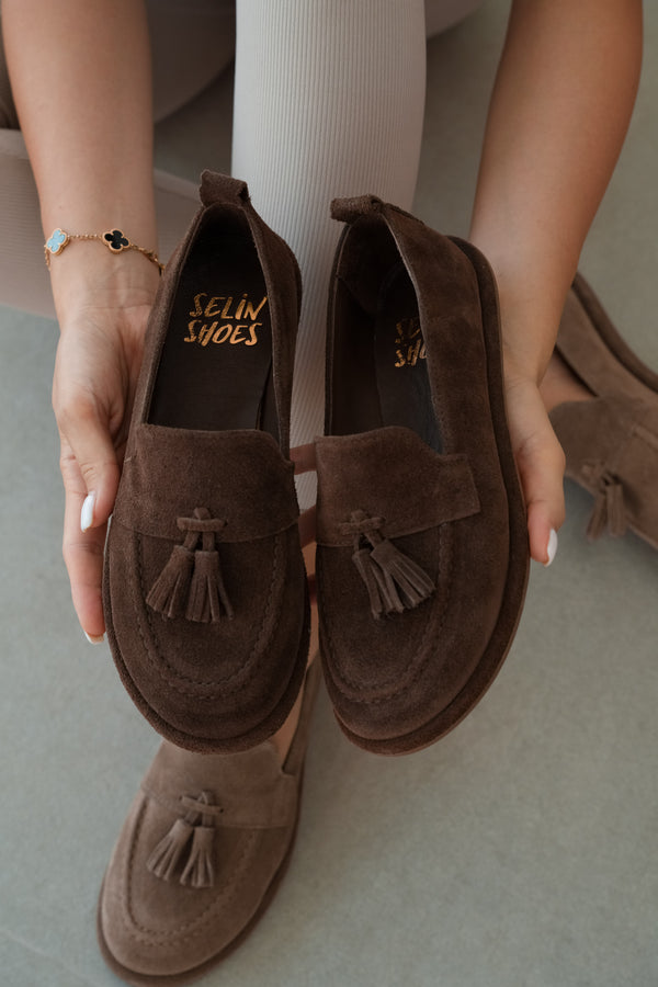 Belluno Hakiki Deri Püsküllü Kadın Loafer- KAHVE SÜET