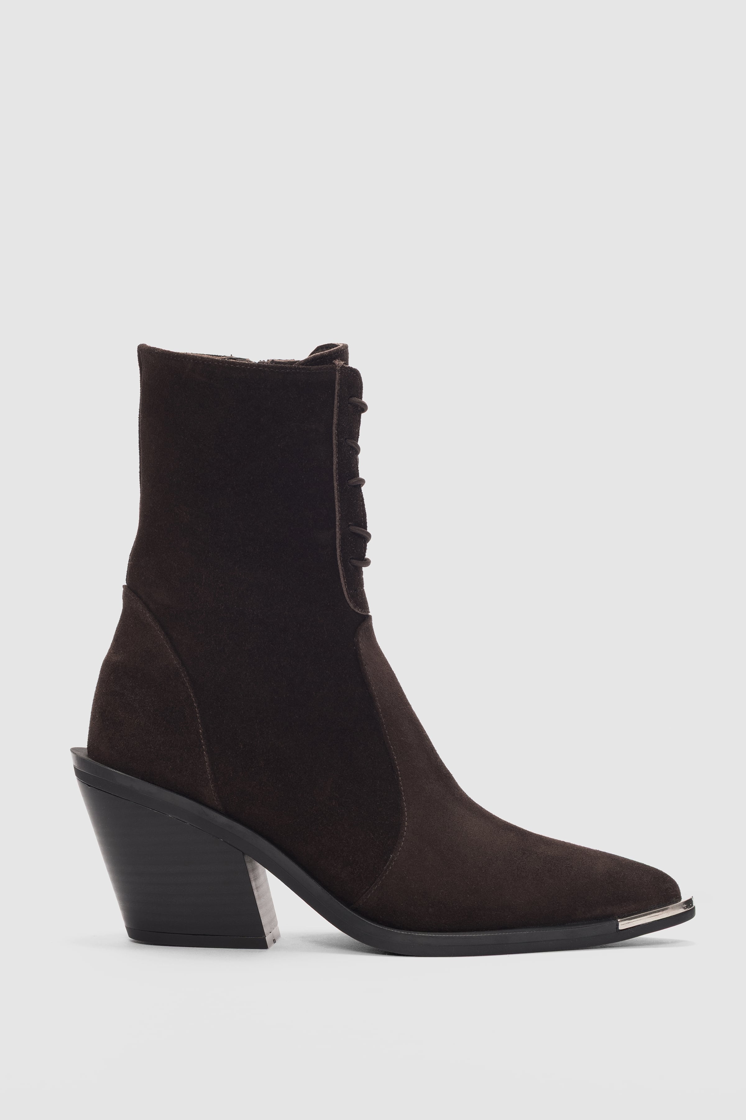 Novira Hakiki Deri Bağcıklı ve Yandan Fermuarlı Sivri Burun Kadın Bot- KAHVE SÜET