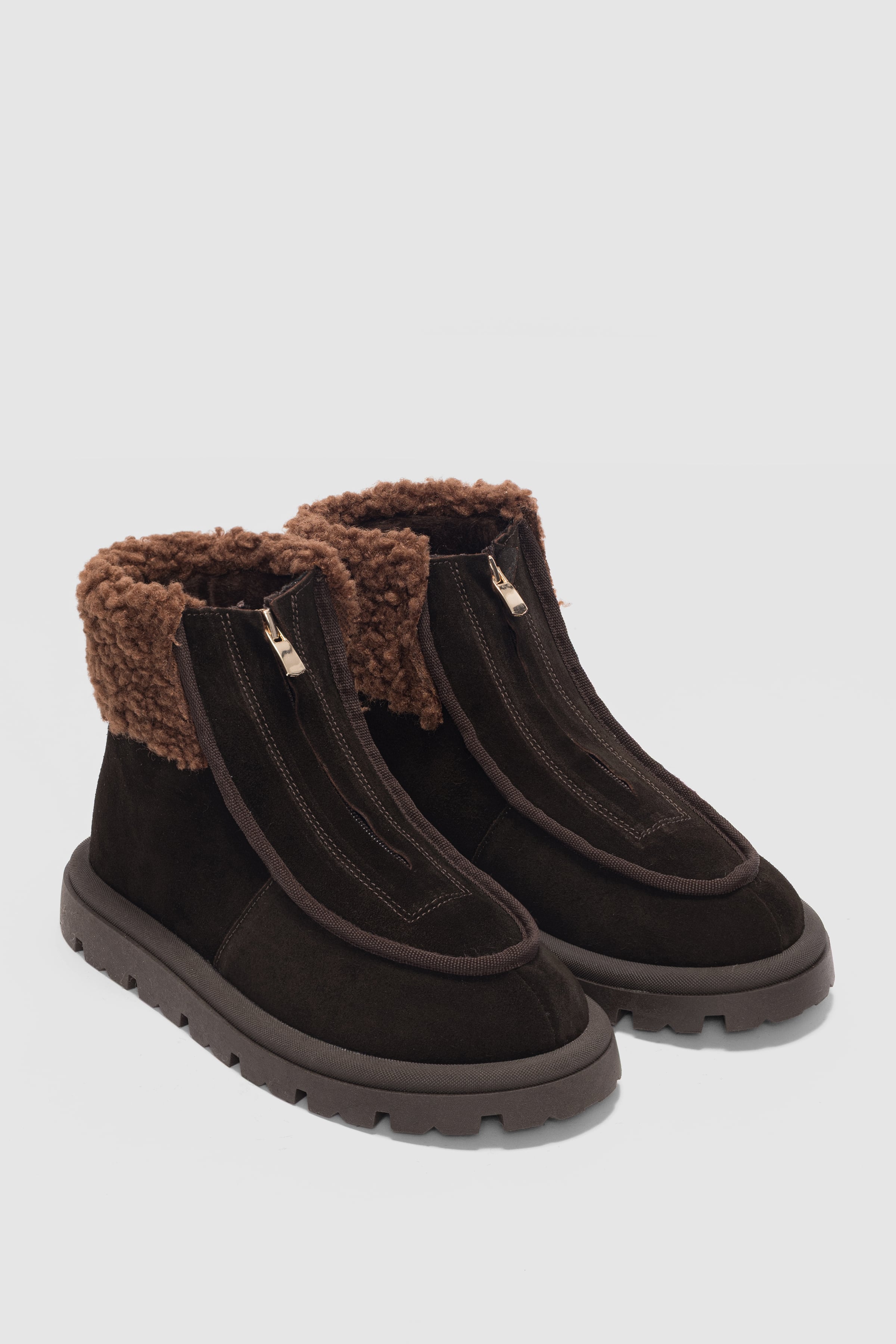 Bruve Ön Fermuar Detaylı Kürklü Hakiki Deri Süet Kadın Bot-ACI KAHVE