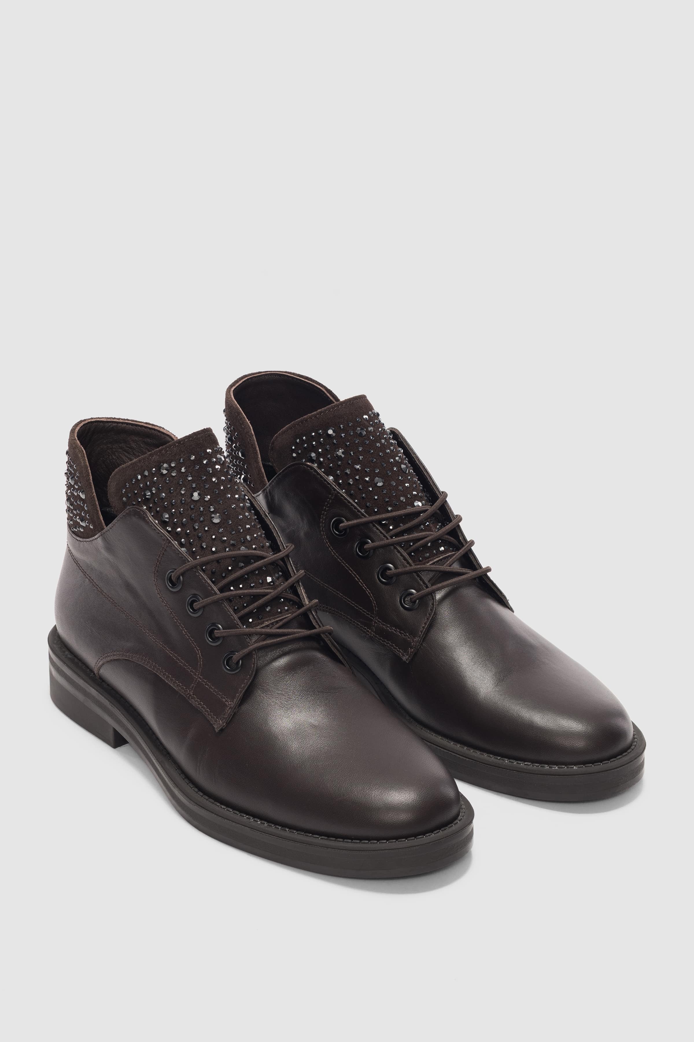 Navin Hakiki Deri Taş Detaylı Bağcıklı Kadın Ayakkabı- ACI KAHVE