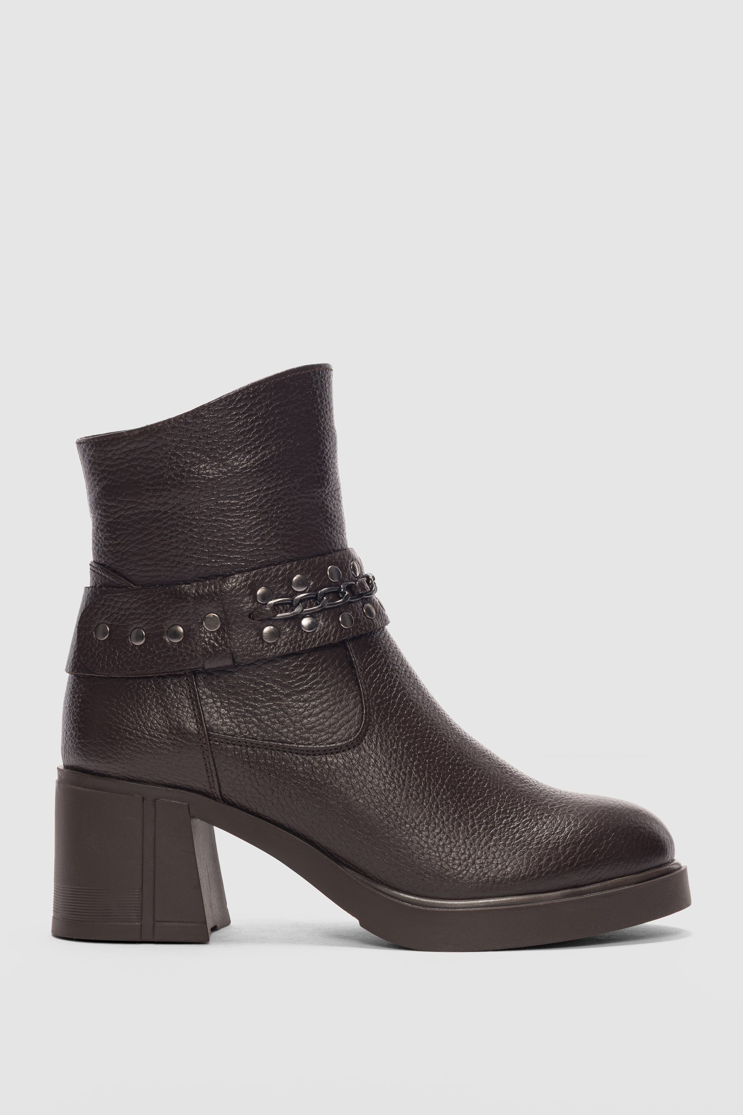 Lorixa Hakiki Deri Aksesuar Detaylı Yandan Fermuarlı Kadın Bot- KAHVERENGİ