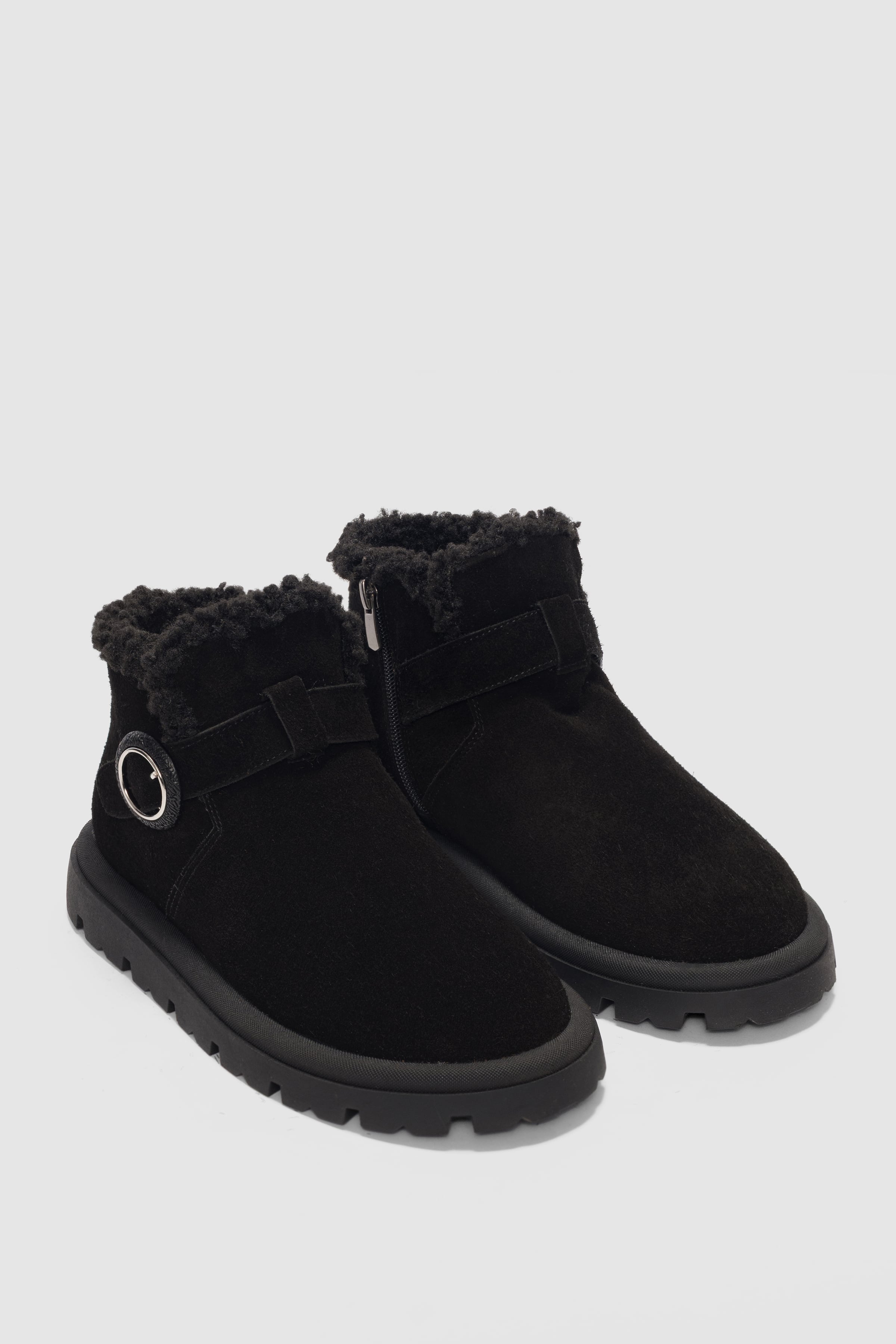 Luva Hakiki Deri Ayarlanabilir Toka Detaylı Yandan Fermuarlı Kadın Bot- SİYAH SÜET