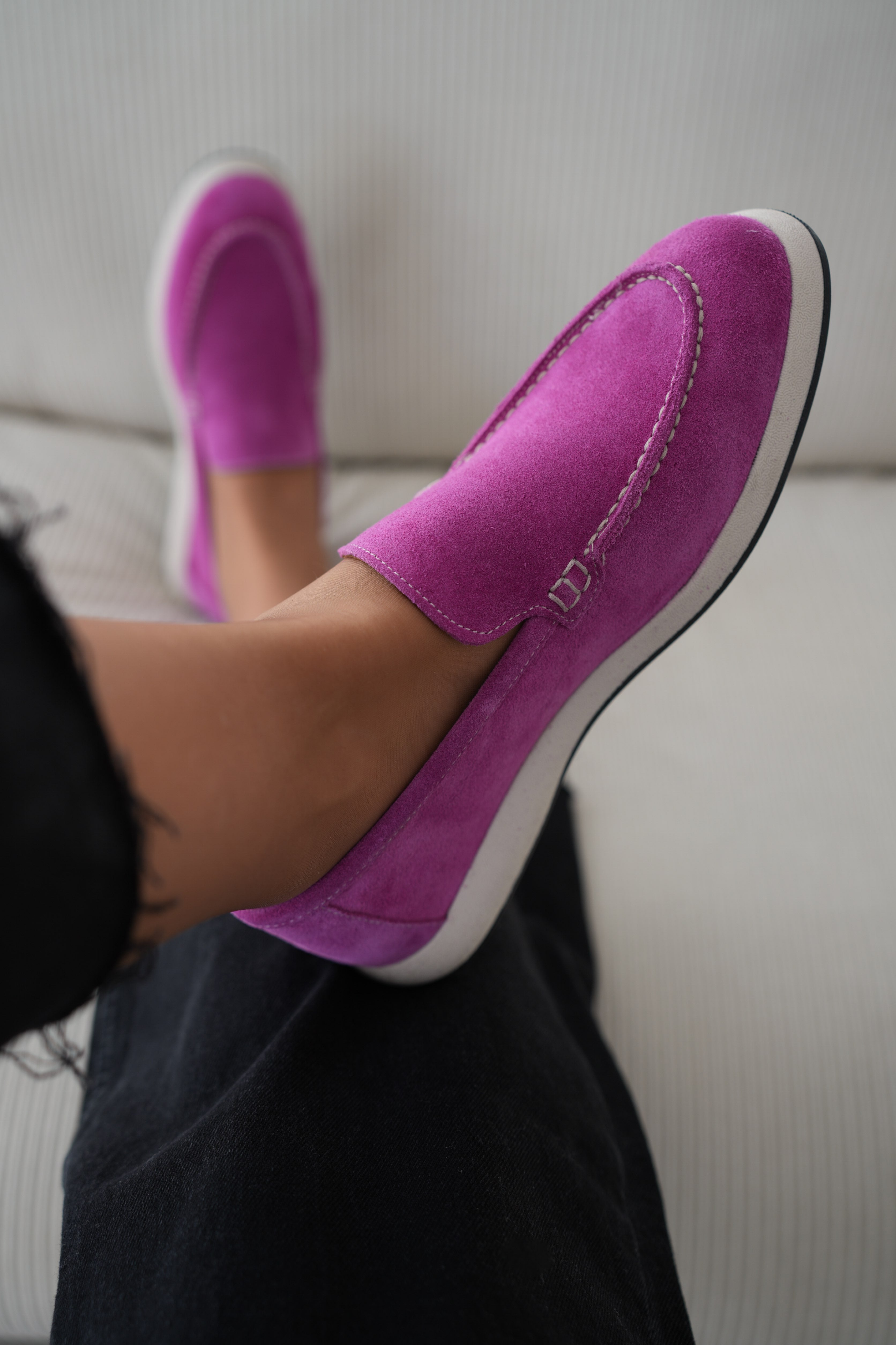 Felina Hakiki Süet Düz Tabanlı Kadın Loafer- FUŞYA