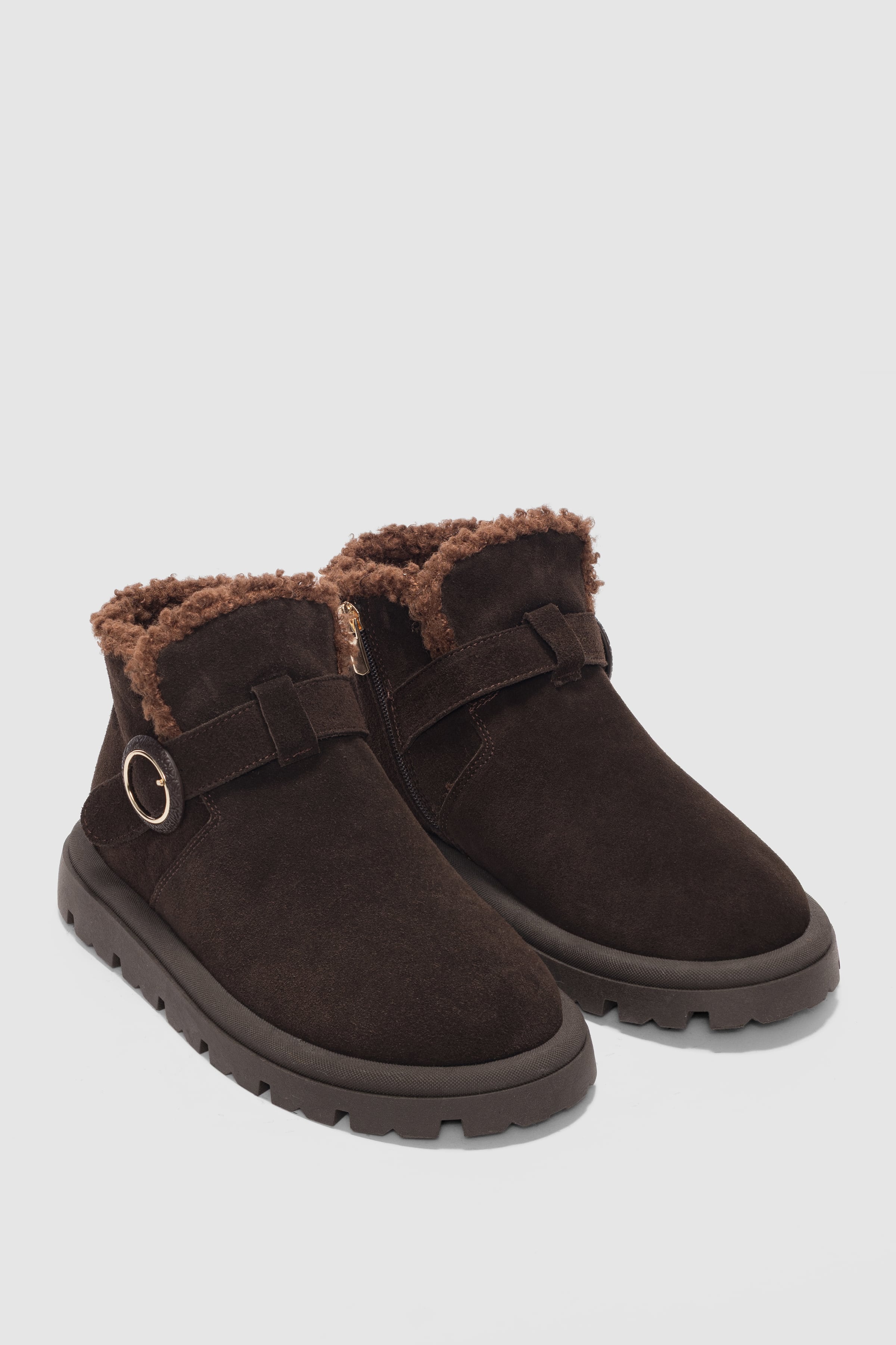 Luva Hakiki Deri Ayarlanabilir Toka Detaylı Yandan Fermuarlı Kadın Bot- KAHVE SÜET