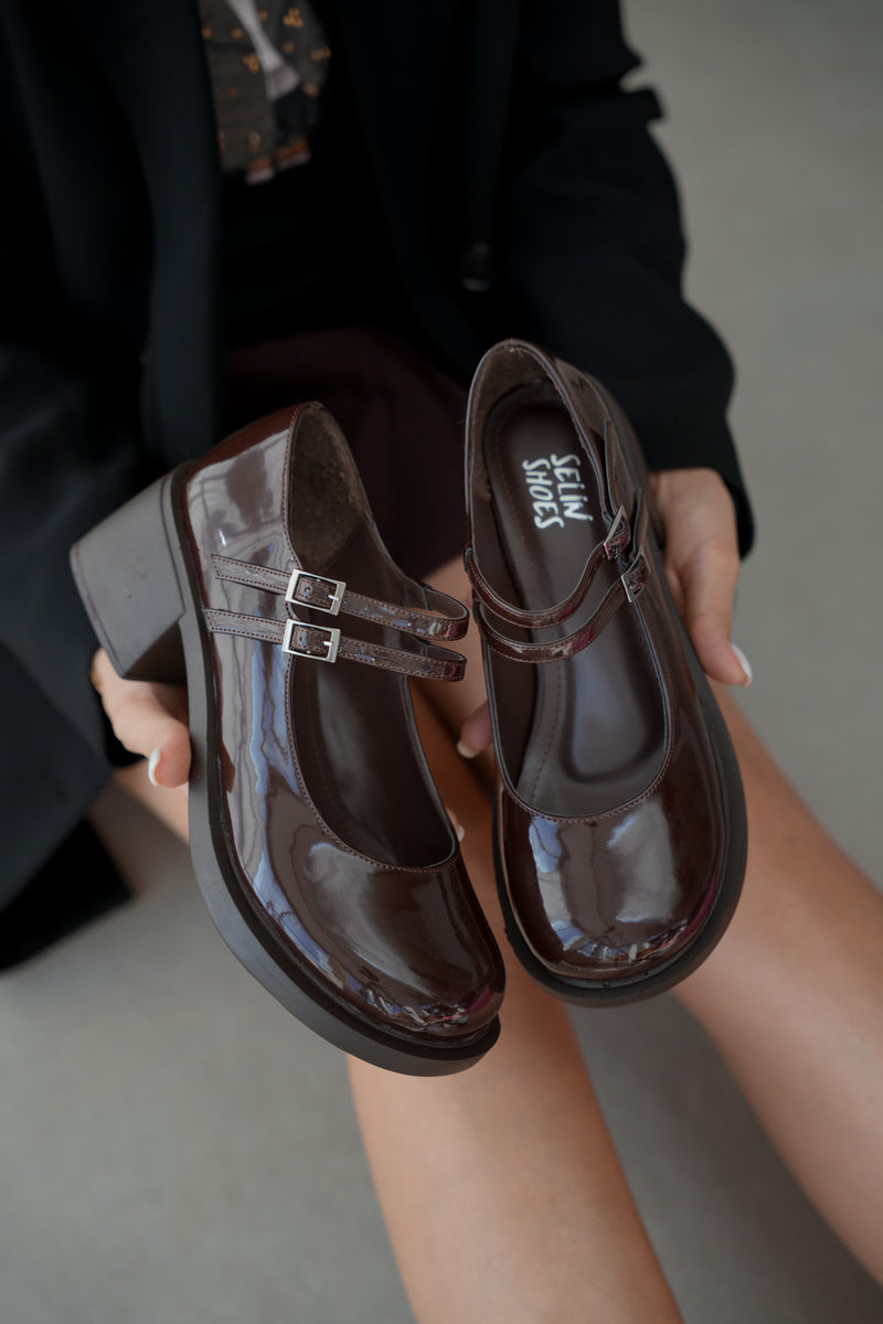 Sandy Çift Bantlı Rugan Kadın Loafer- KAHVE RUGAN