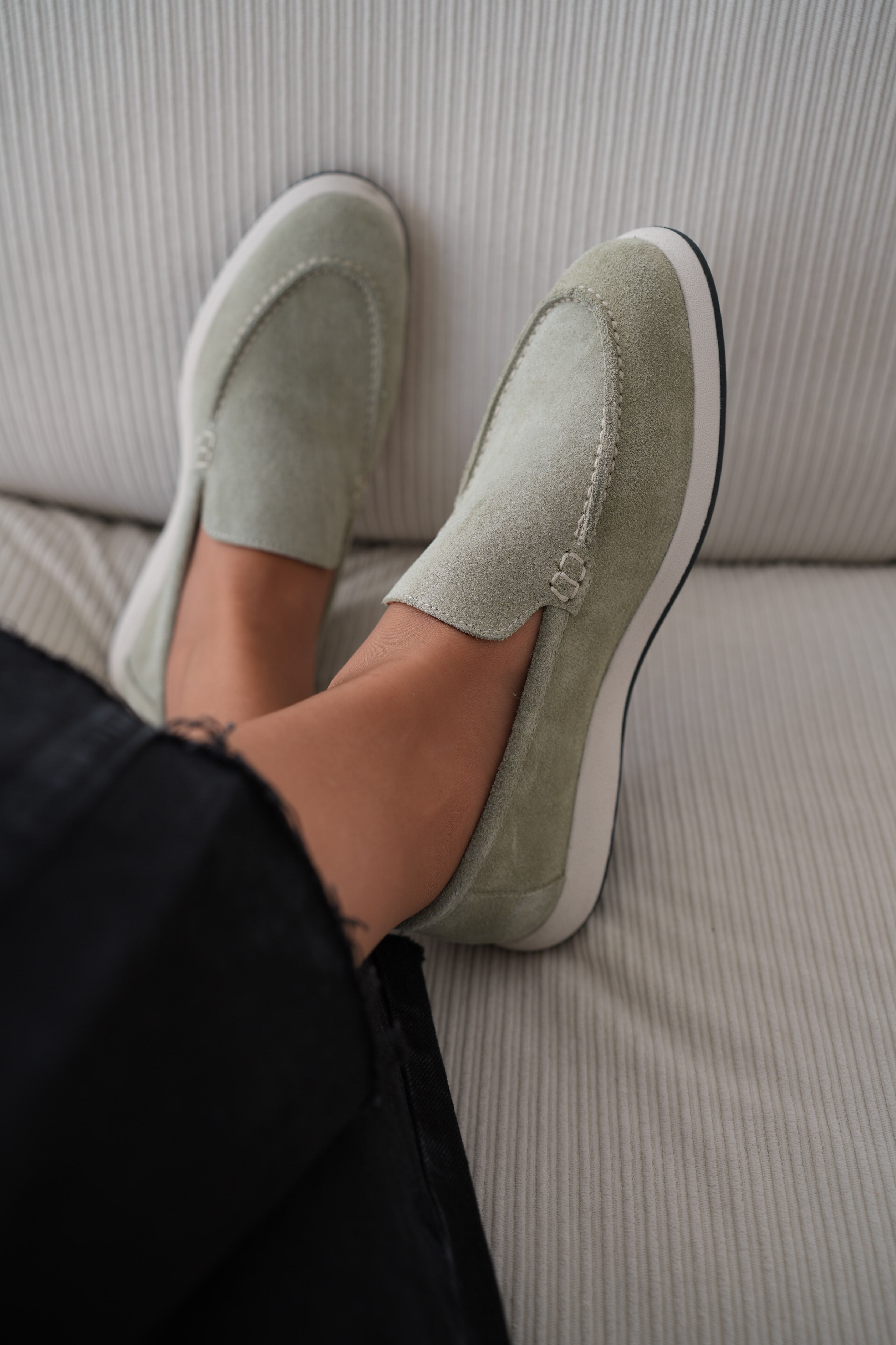 Felina Hakiki Süet Düz Tabanlı Kadın Loafer- Mint