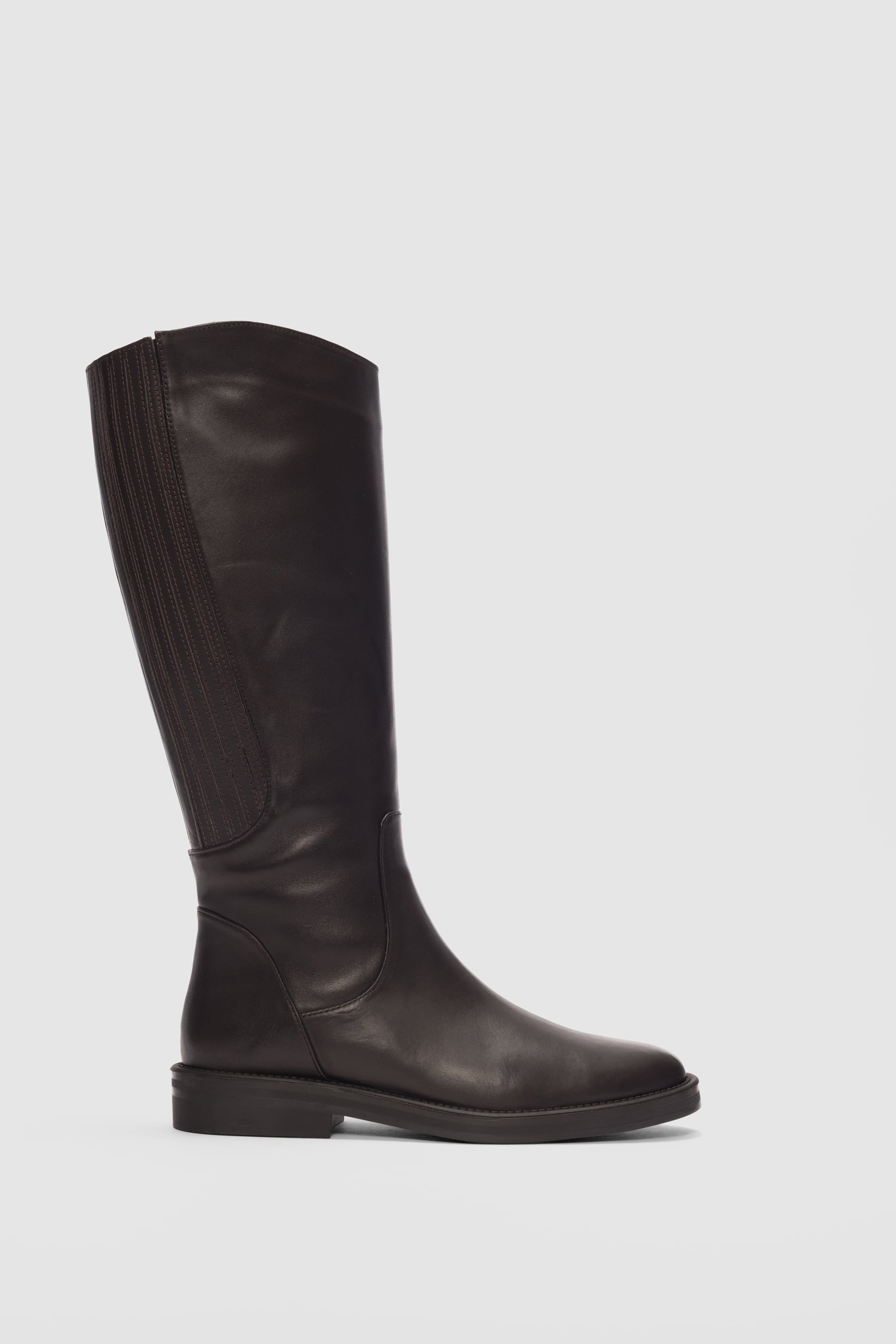 Arvee Hakiki Deri Lastikli Alçak Topuklu Kadın Çizme- KAHVERENGİ