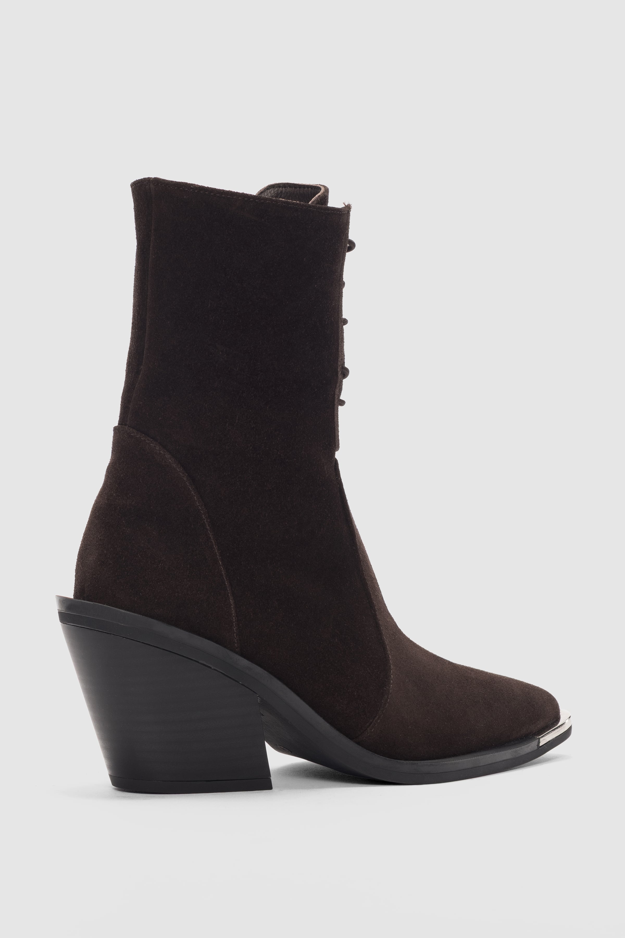 Novira Hakiki Deri Bağcıklı ve Yandan Fermuarlı Sivri Burun Kadın Bot- KAHVE SÜET