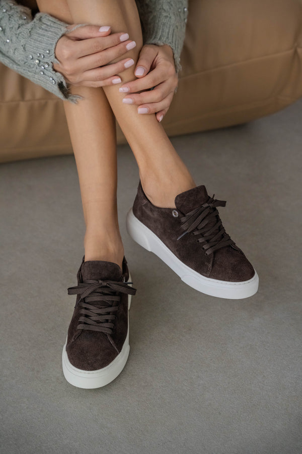 Lias Hakiki Deri Bağcıklı Kadın Sneaker- KAHVE SÜET