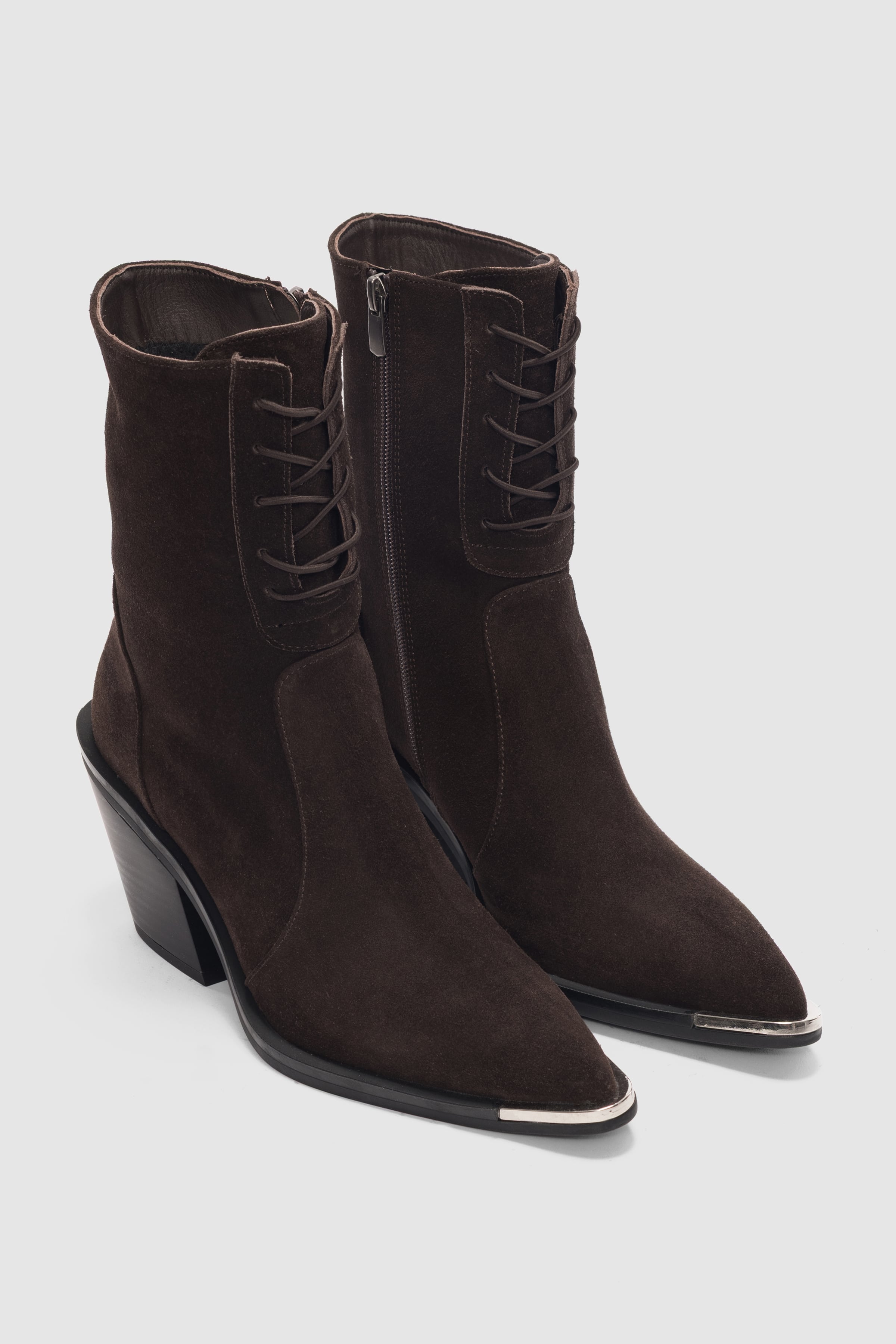 Novira Hakiki Deri Bağcıklı ve Yandan Fermuarlı Sivri Burun Kadın Bot- KAHVE SÜET